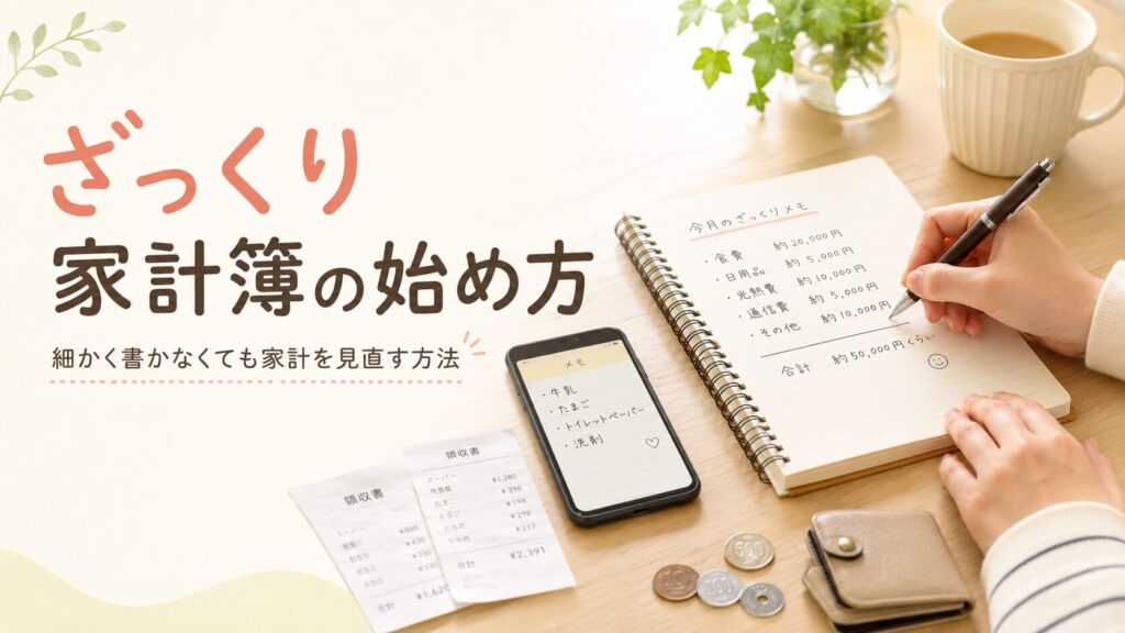 「ざっくり家計簿の始め方」というタイトル文字と、ノート・スマホ・レシート・財布・小銭が並ぶ家計管理のアイキャッチ画像